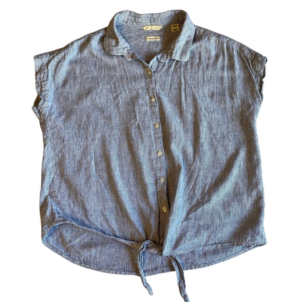Weatherproof Vintage Blue Striped Button Up Short Sleeve Washable Linen Top Med